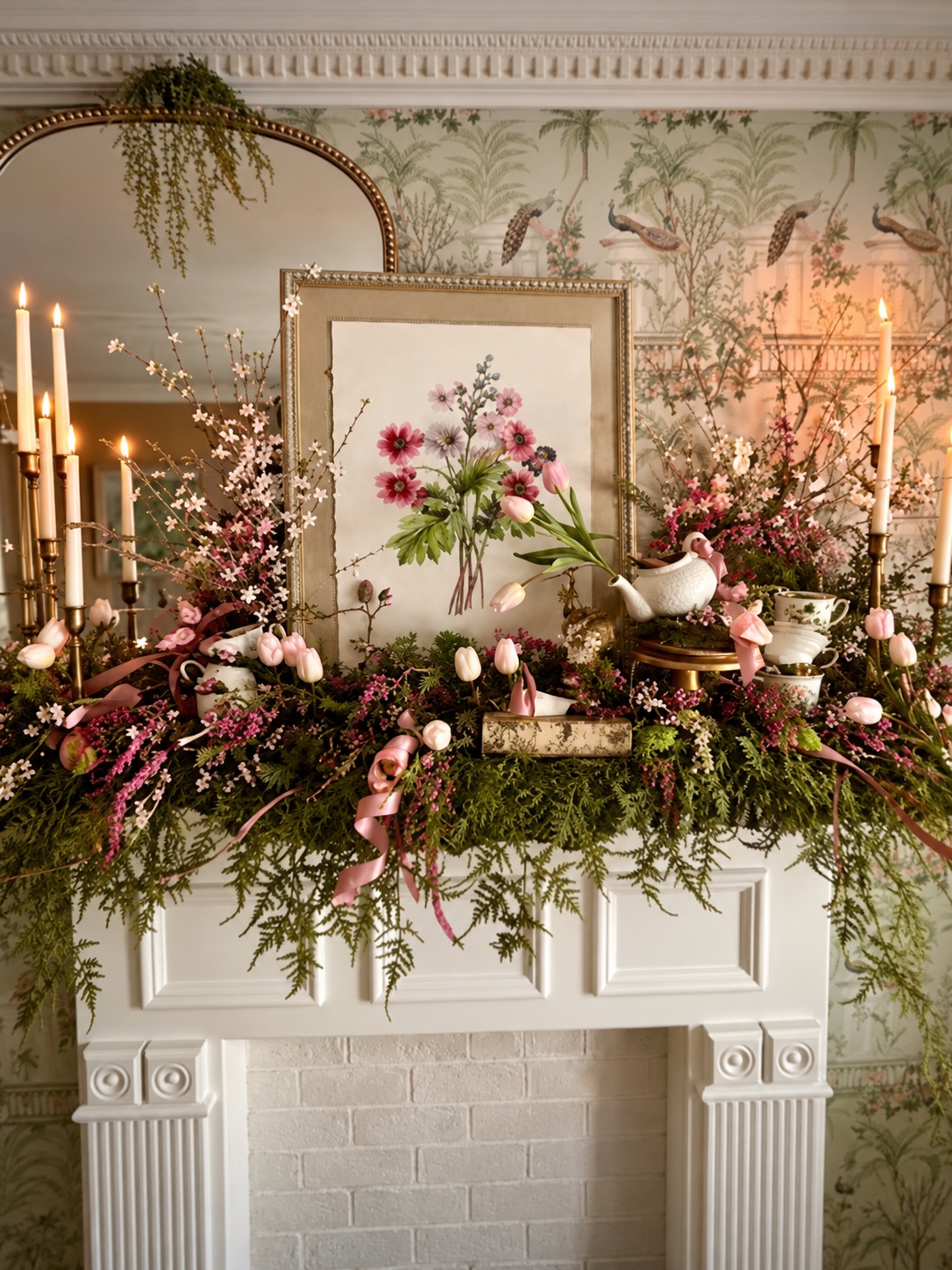 Lori’s spring mantel with cascading greenery, flowers, teacups, botanical art and glowing candles